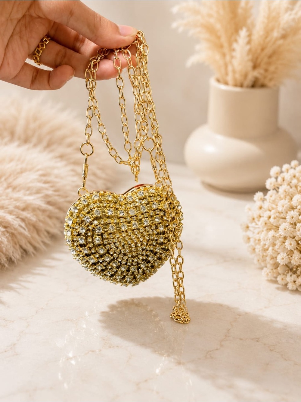 Gold Heart Crystal Crossbody Bag - Elegant Women’s Evening Purse